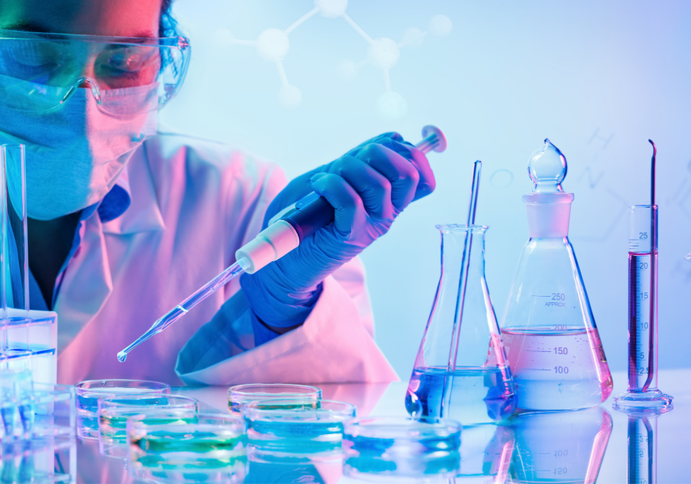 Scientist petting petri dishes in a laboratory