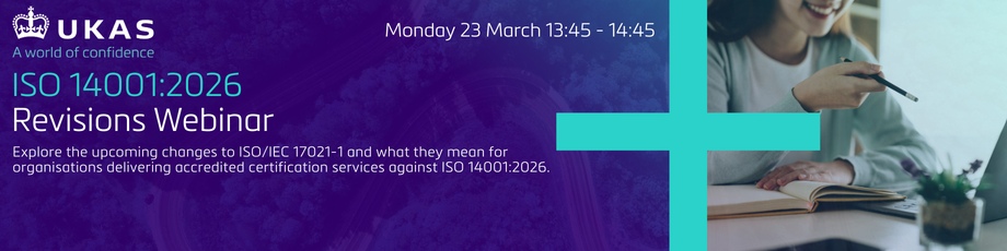 Banner promoting the ISO 14001:2026 Revisions Webinar. Includes the date and time of Monday 23 March 13:45 - 14:45 