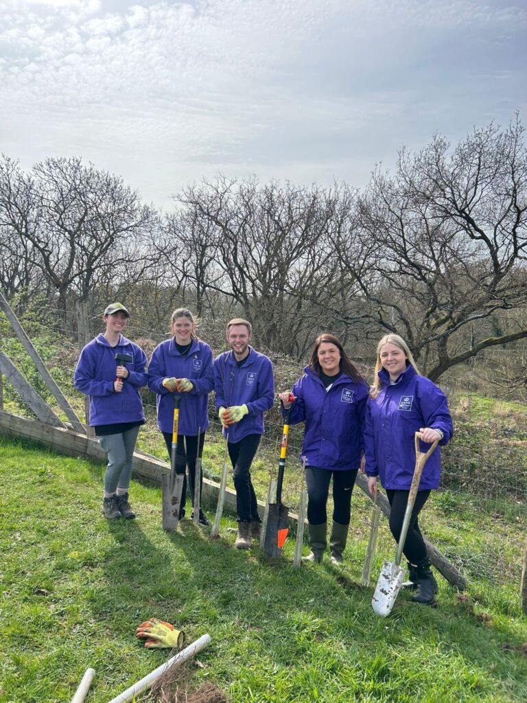UKAS employees standing outdoors in a grassy field, holding spades and planting young trees along a fence line, with leafless trees and a cloudy sky in the background.